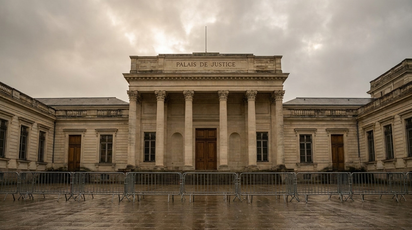 Façade imposante du palais de justice de Nantes sous ciel couvert