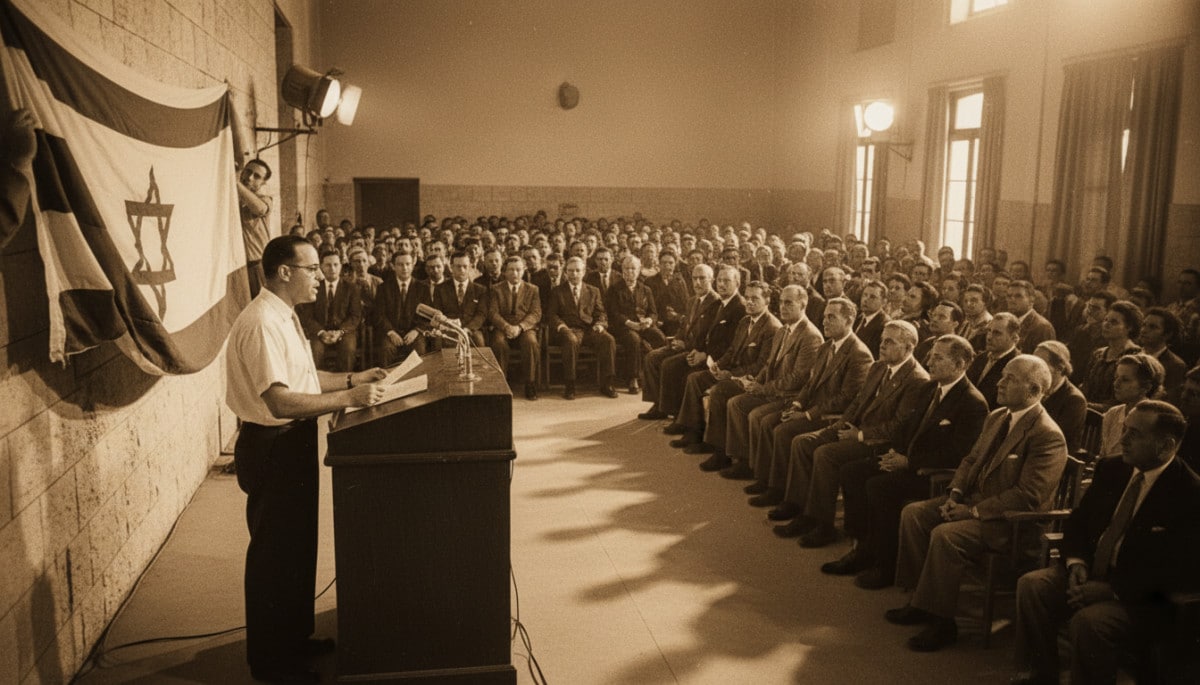 Proclamation de l'État d'Israël à Tel-Aviv en 1948