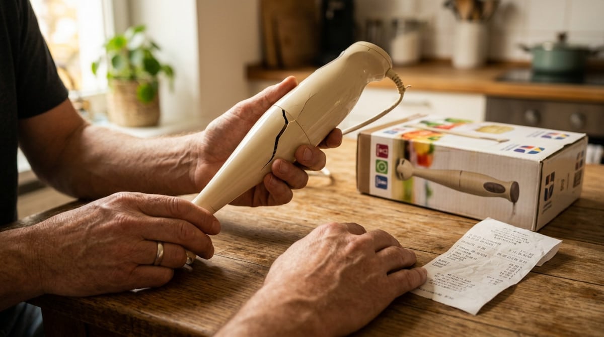 Produit défectueux posé sur une table avec ticket de caisse