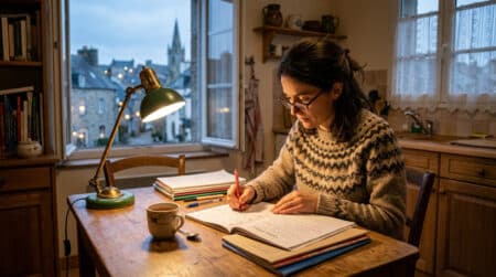 Professeure des écoles corrigeant des cahiers chez elle