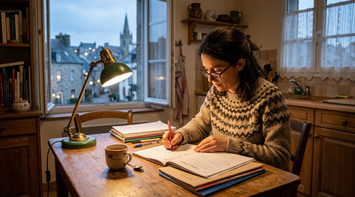 Professeure des écoles corrigeant des cahiers chez elle