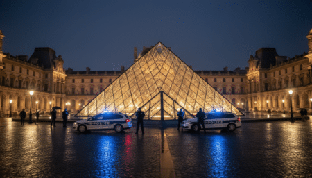 Le musée du Louvre illuminé de nuit avec des véhicules de police
