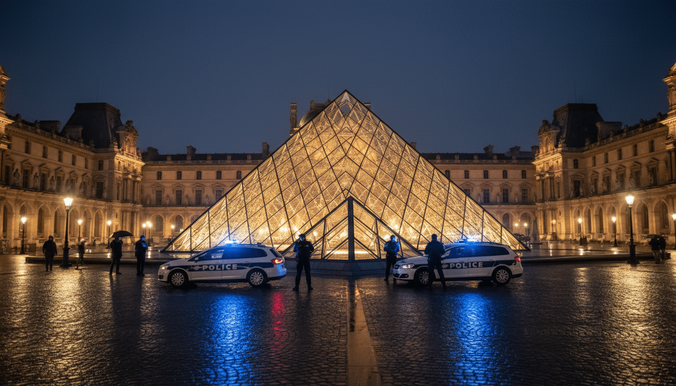 Le musée du Louvre illuminé de nuit avec des véhicules de police