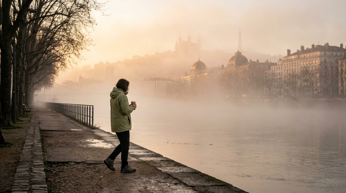 Promeneur dans le brouillard matinal à Lyon