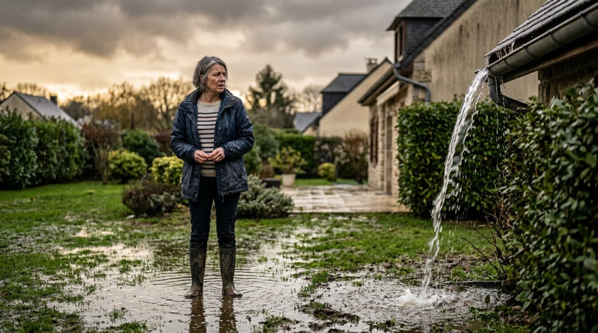 Propriétaire constatant l'écoulement d'eau du voisin dans son jardin