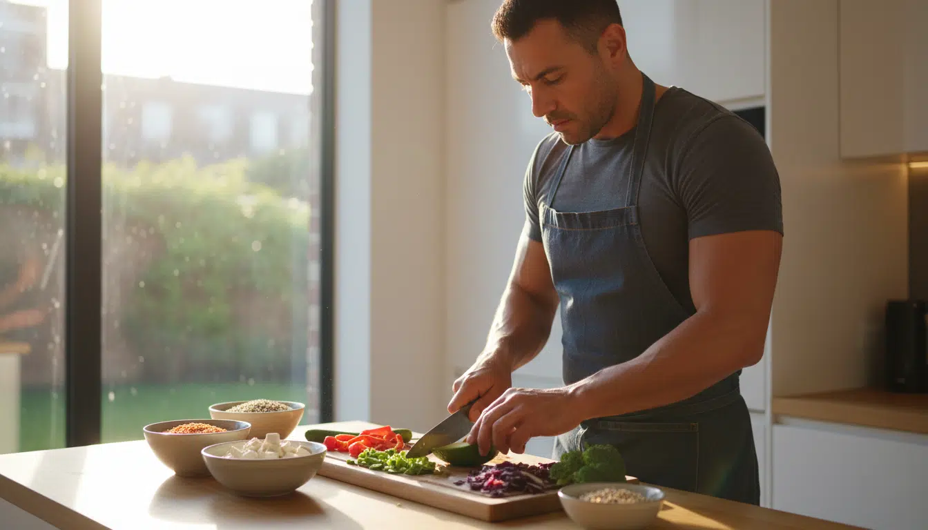 Personne préparant un repas protéiné végétal en cuisine