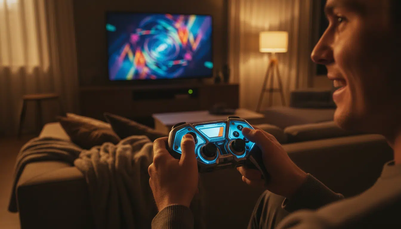 Joueur tenant une manette futuriste devant un écran