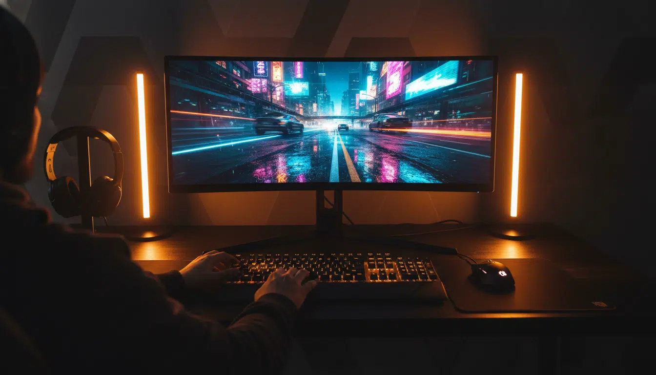 Scène de jeu vidéo en ray tracing sur un écran