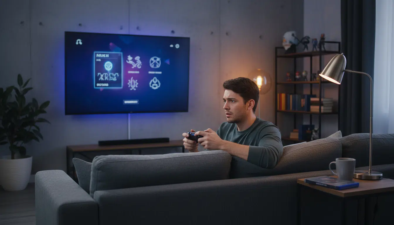 Joueur PlayStation inquiet devant sa télévision