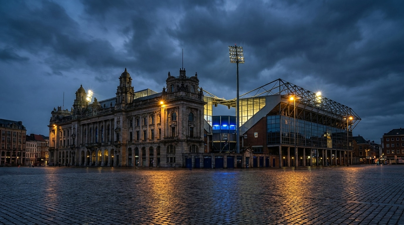 Stade européen illuminé sous un ciel dramatique au crépuscule