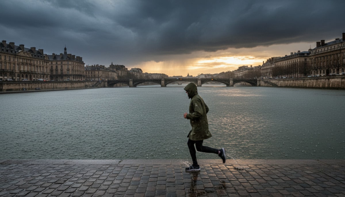 Quais d'une ville française sous un orage printanier