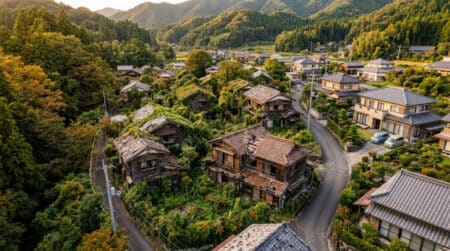 Quartier résidentiel japonais avec maisons abandonnées envahies par la végétation