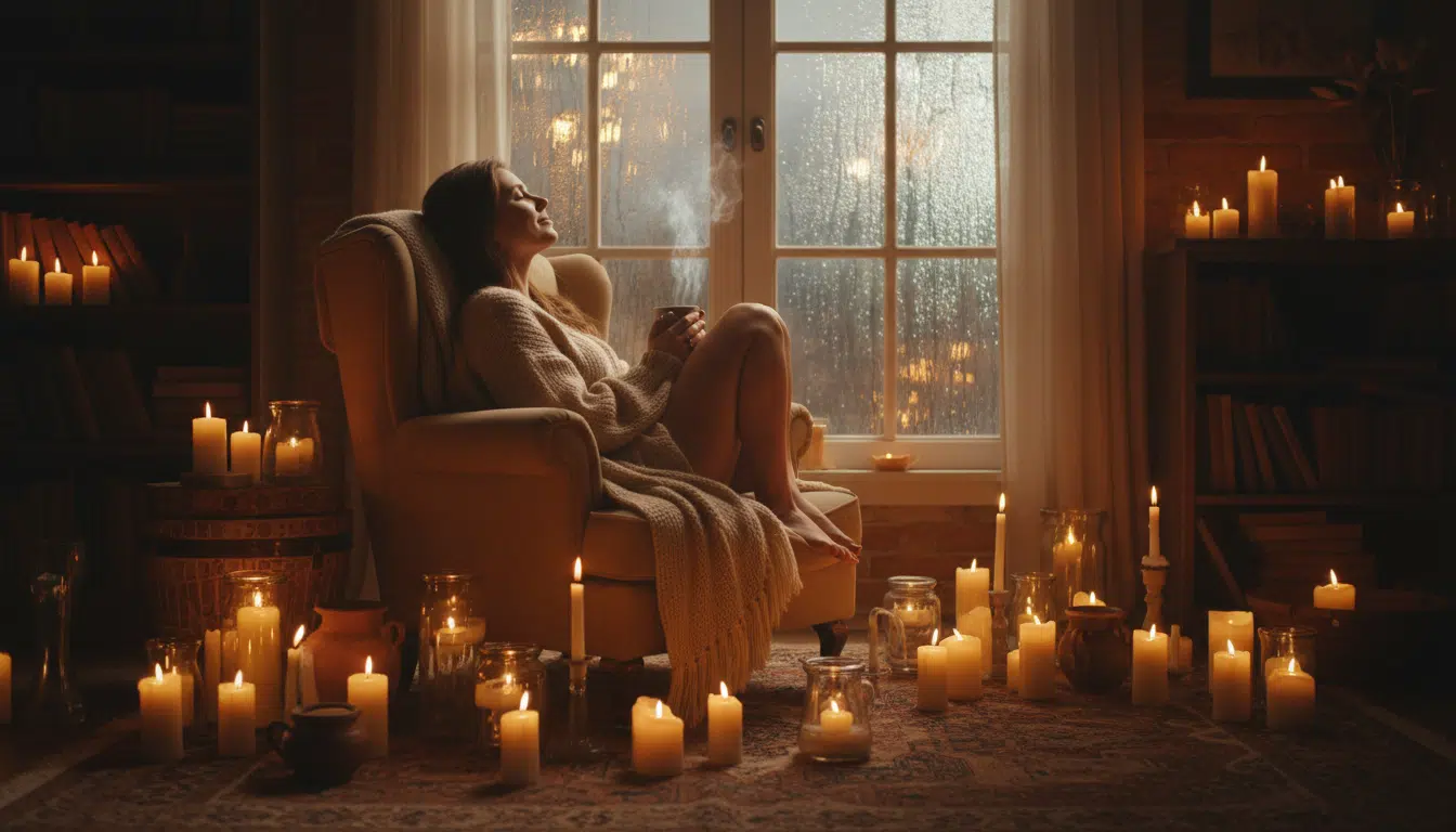 Femme paisible entourée de bougies regardant par la fenêtre
