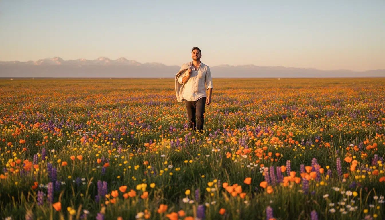Homme marchant dans un champ fleuri au printemps