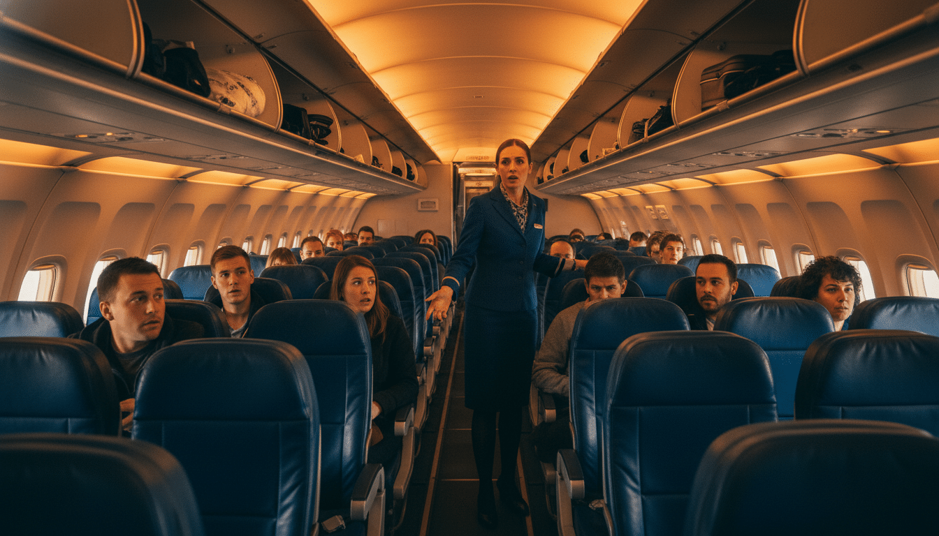 Cabine d'avion low-cost avec hôtesse de l'air