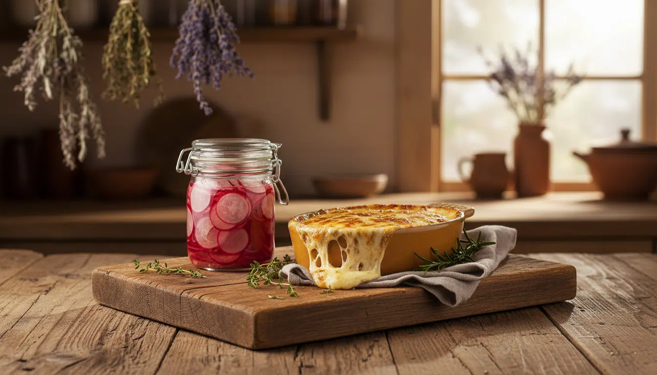 Pickles de radis en bocal et gratin de radis au fromage