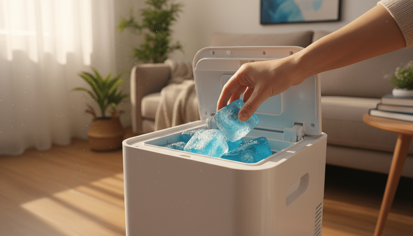 Blocs de glace placés dans un rafraîchisseur d'air portable