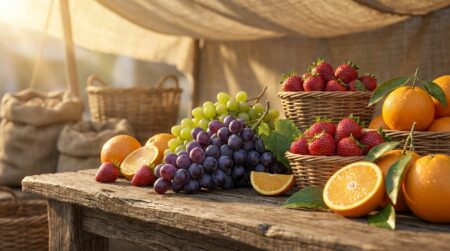 Raisins fraises et oranges sur un étal de marché ensoleillé