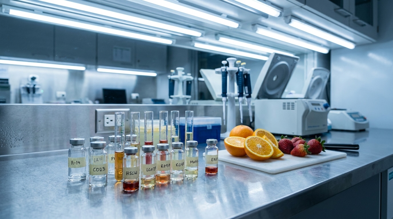 Tubes à essai et agrumes tranchés sur paillasse de laboratoire