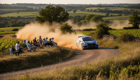 Voiture de rallye sur route de campagne avec spectateurs au bord