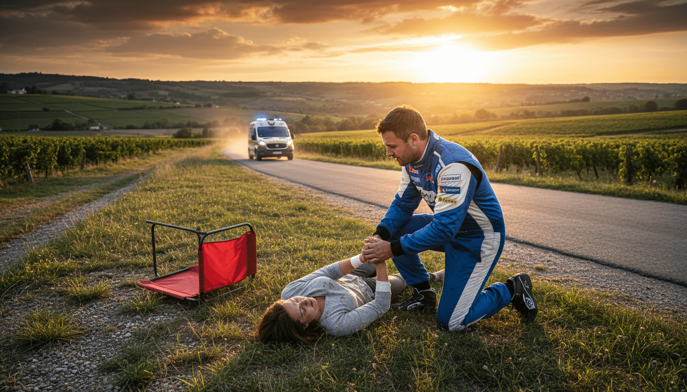 Pilote de rallye portant secours à une spectatrice blessée
