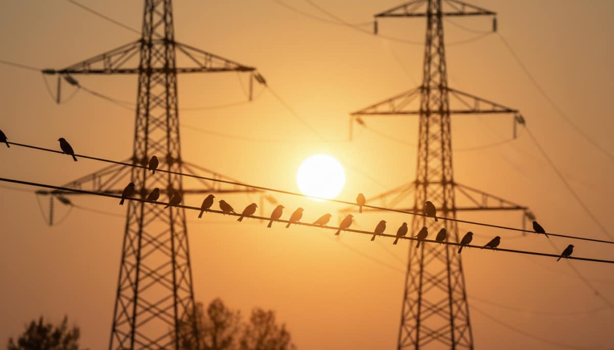 Rangée de moineaux posés sur un fil électrique au coucher du soleil