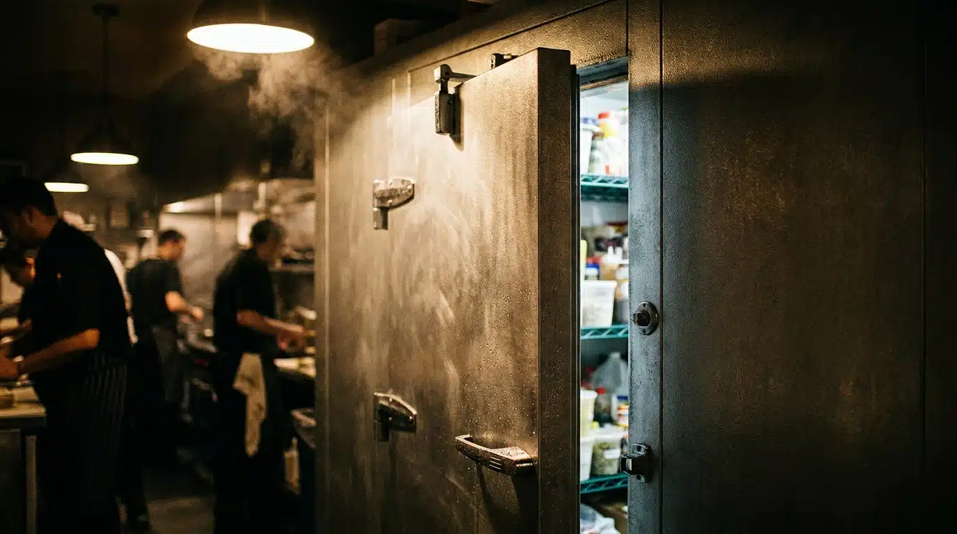 Porte de chambre froide entrouverte dans une cuisine de restaurant