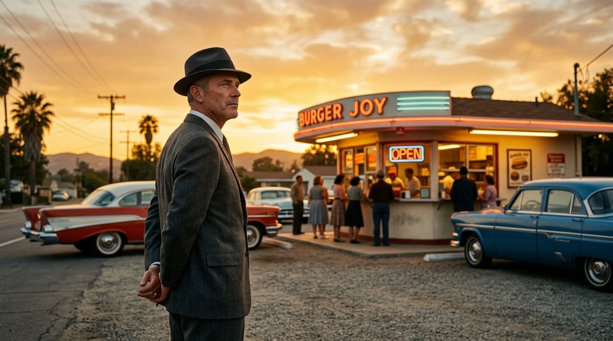 Ray Kroc devant un petit restaurant de hamburgers dans les années 1950