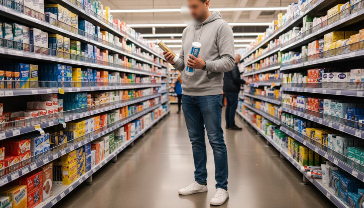 Rayon dentifrice en supermarché avec une personne comparant deux tubes