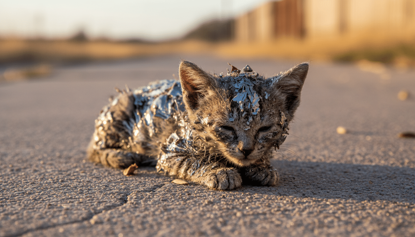 Chaton recouvert de colle industrielle immobile sur un trottoir