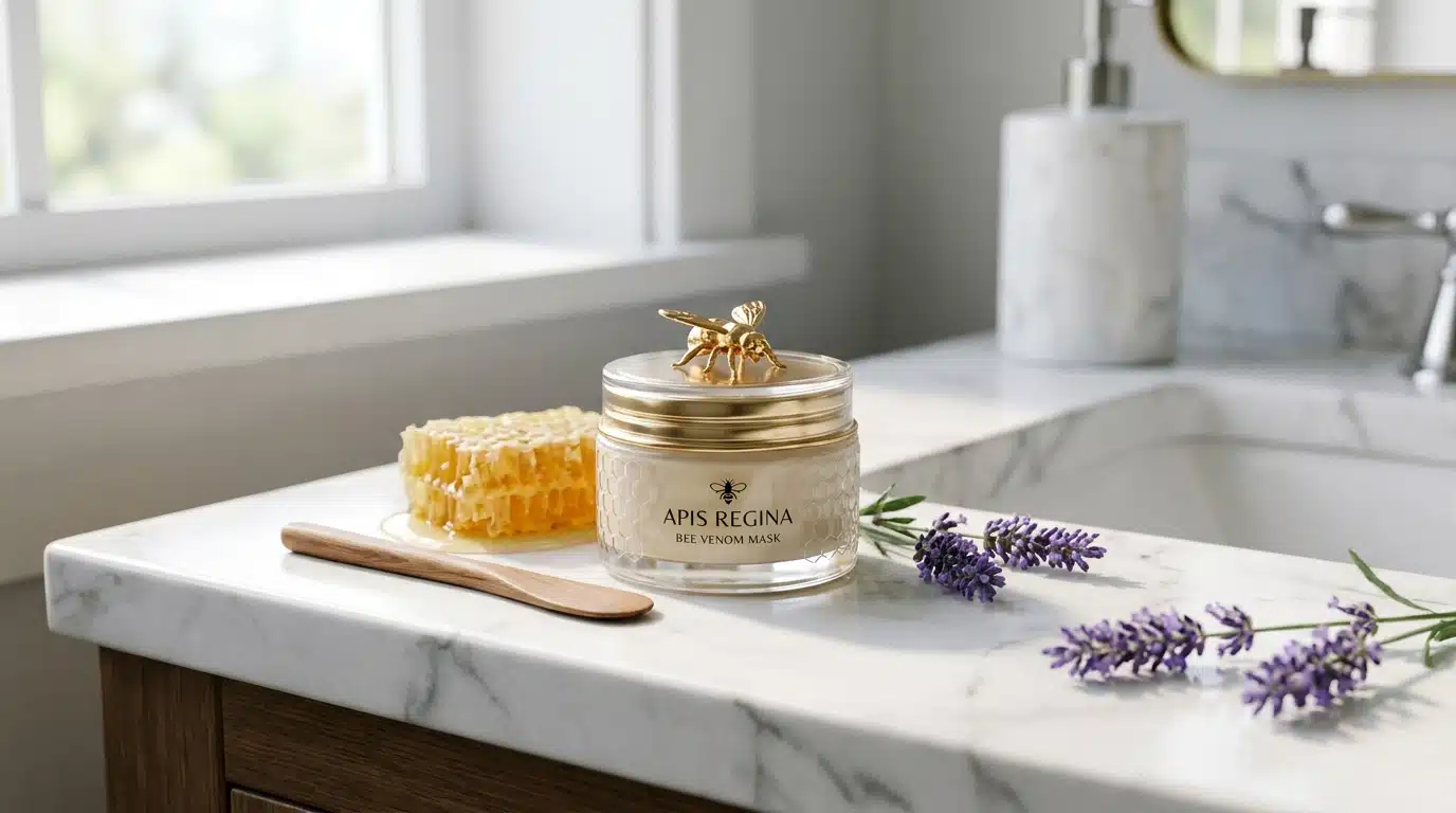Pot de masque au venin d'abeille sur comptoir en marbre