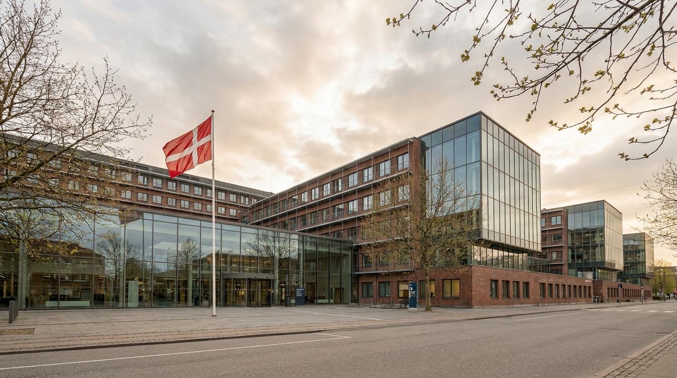 Façade du Rigshospitalet de Copenhague sous un ciel printanier