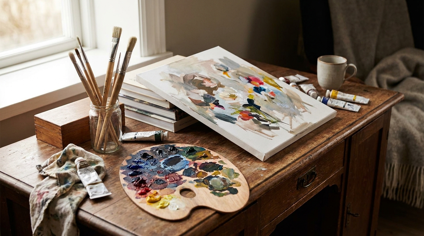 Pinceaux et palette de peinture sur un bureau ancien