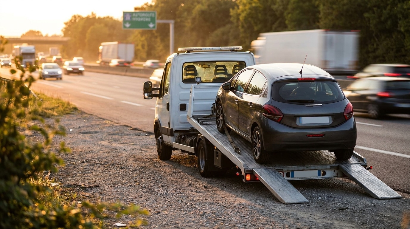 Dépanneuse chargeant une voiture sur le bord d'une autoroute française