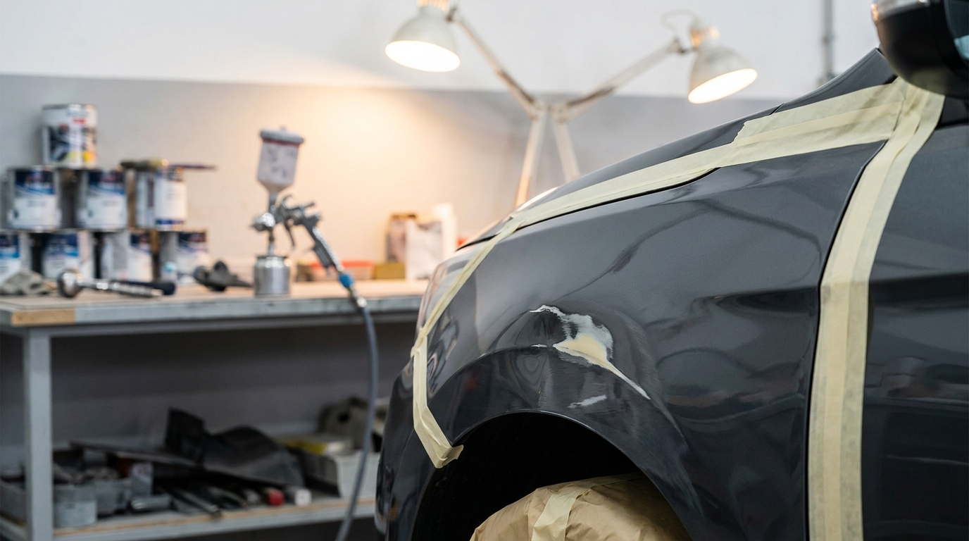 Carrosserie automobile en cours de réparation dans un atelier