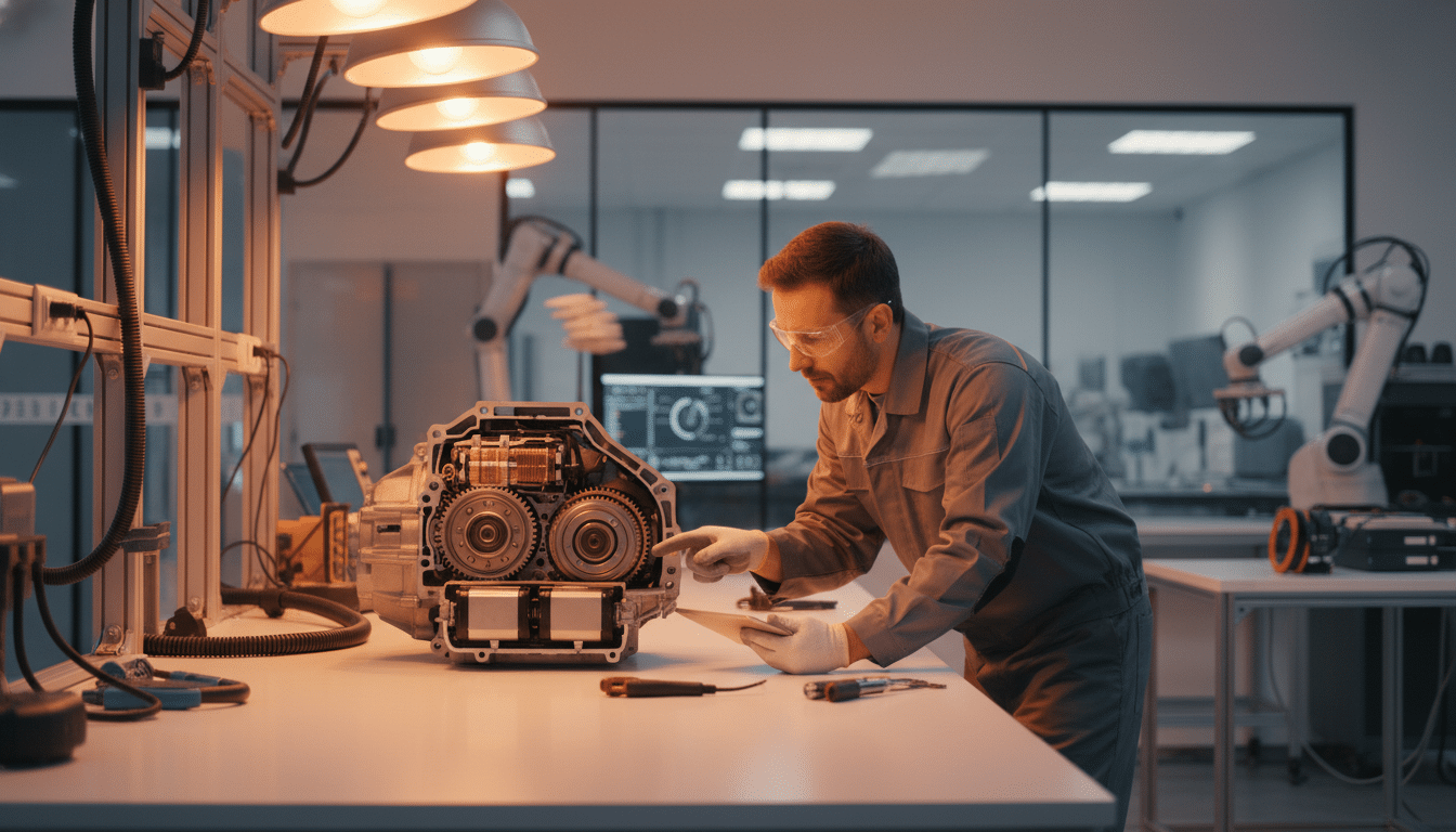 Ingénieur automobile examinant une transmission hybride