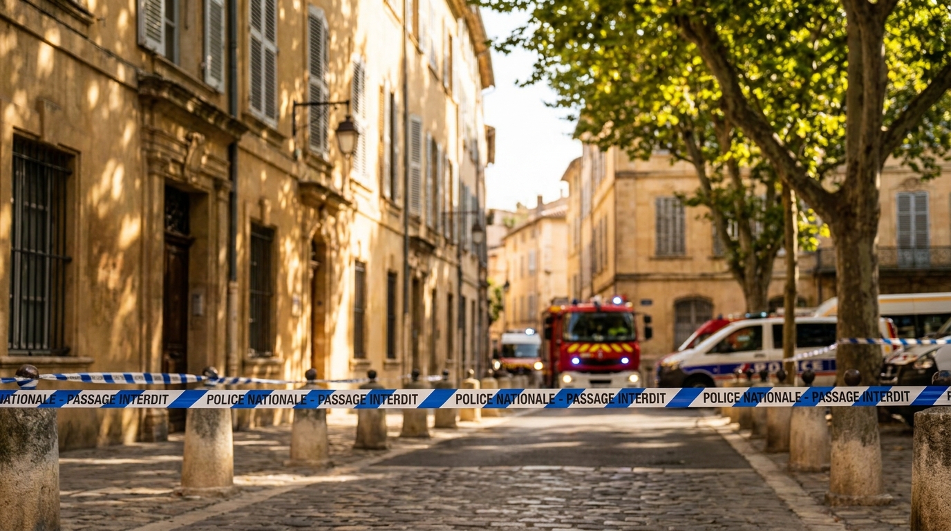 Ruban de police devant une rue résidentielle en centre-ville