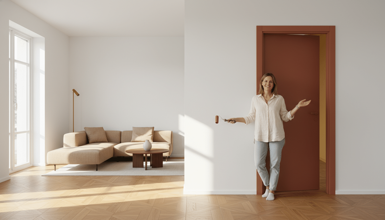 Femme devant une porte repeinte en terracotta dans un salon lumineux