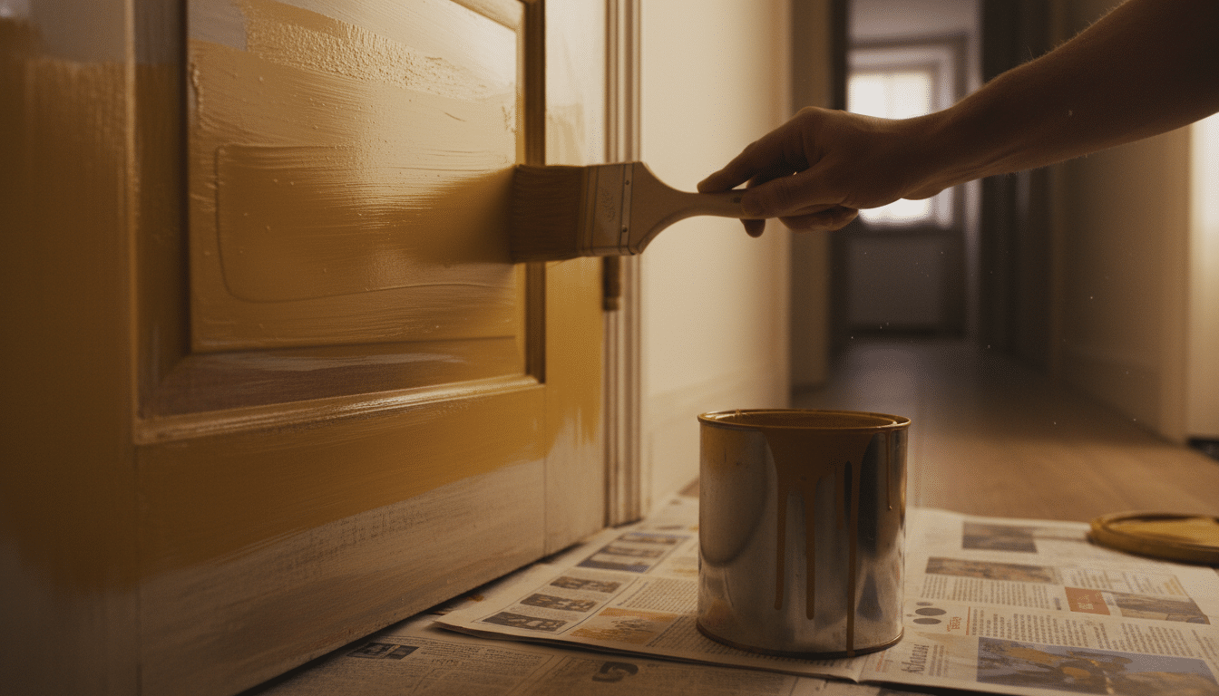 Application de peinture ocre sur une porte en bois dans un couloir