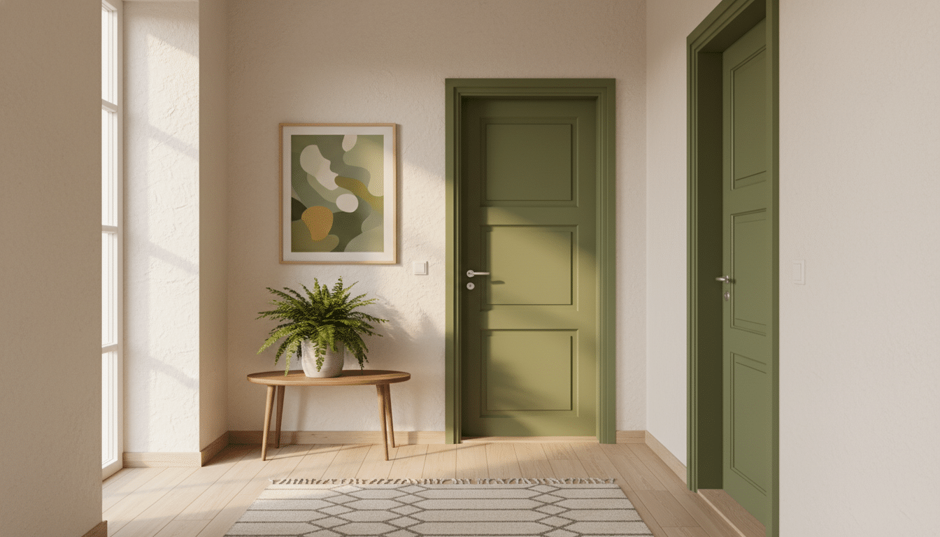 Portes peintes en vert olive dans un couloir au style scandinave