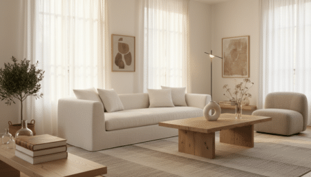 Salon minimaliste avec vase sculptural sur table basse