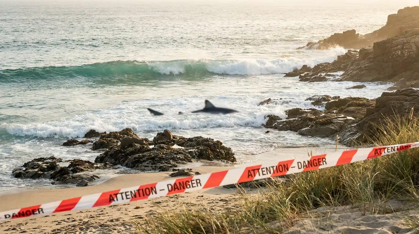 Vague se brisant sur une plage bretonne avec aileron de requin