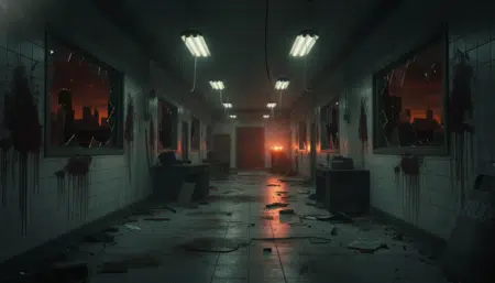 Couloir sombre d'un commissariat style Raccoon City