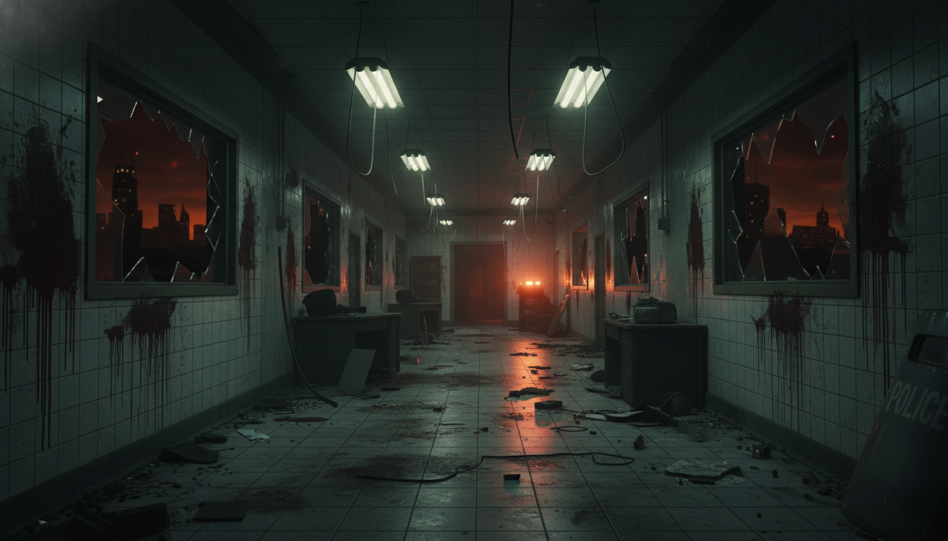 Couloir sombre d'un commissariat style Raccoon City