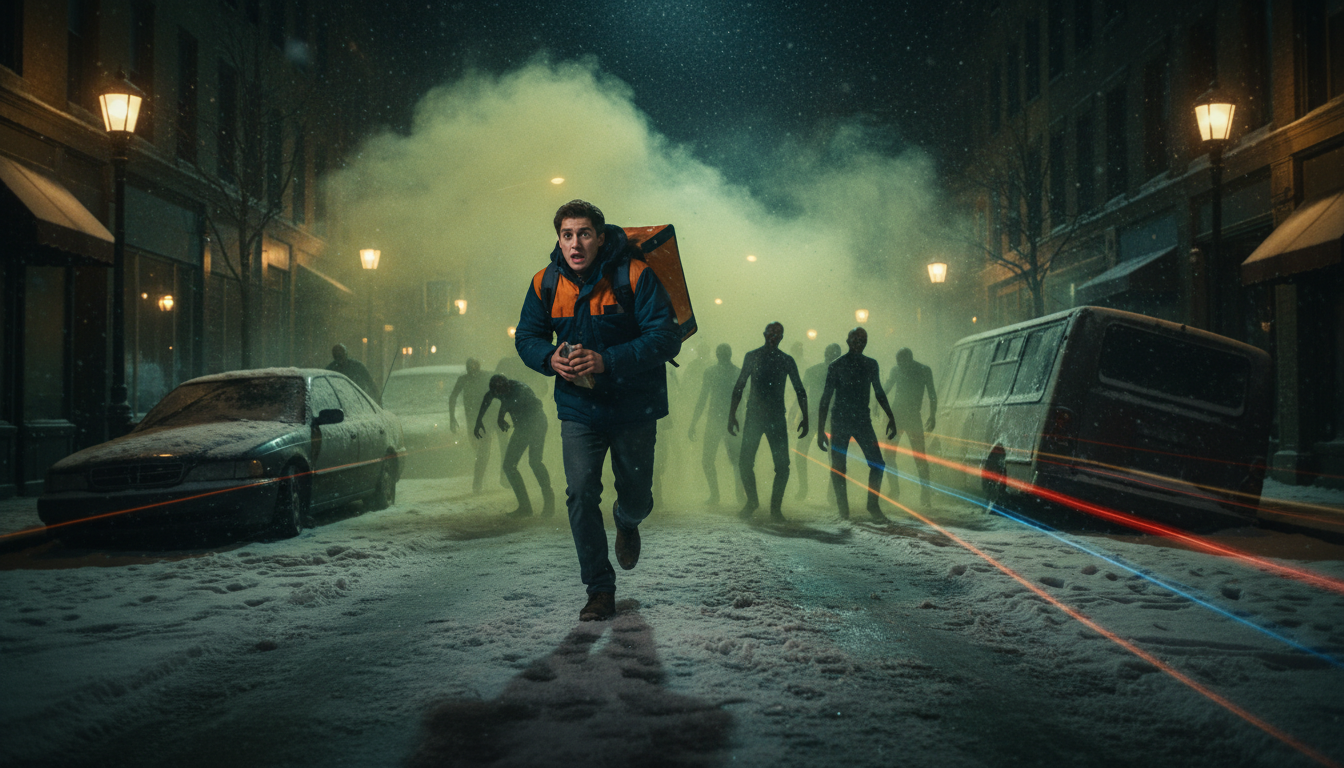 Coursier fuyant des zombies dans une ville enneigée