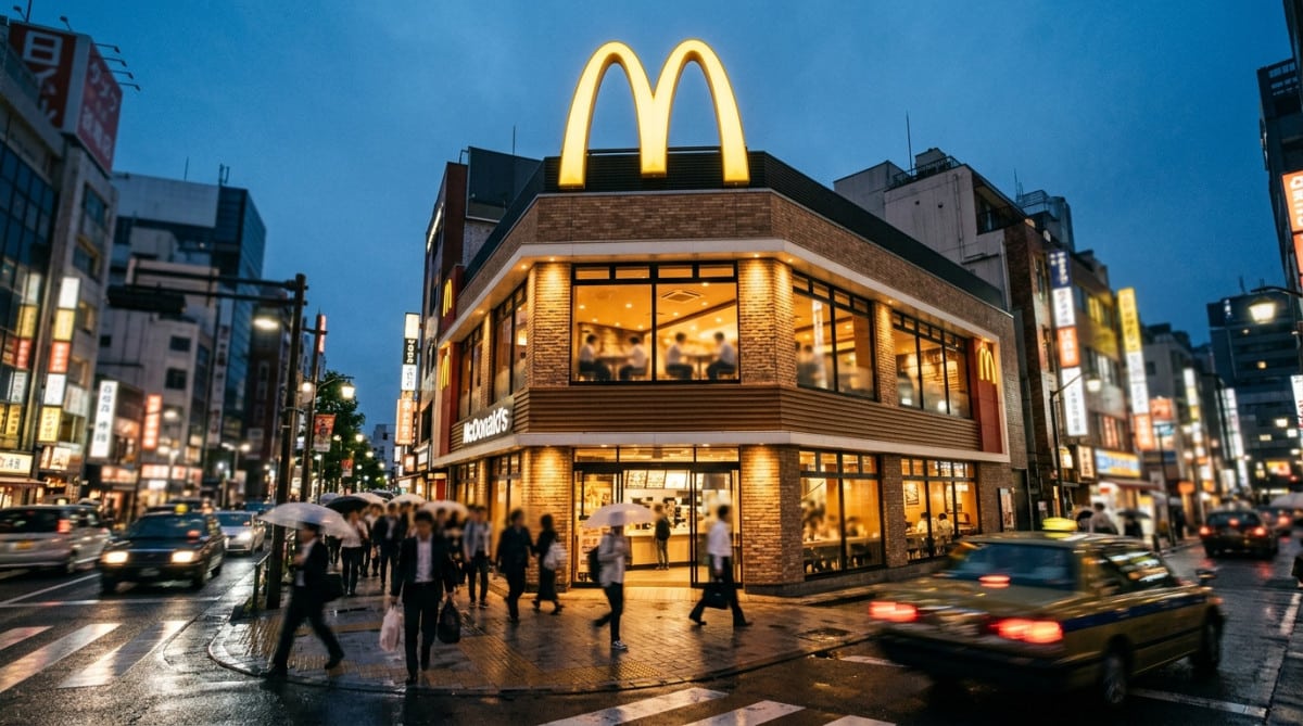 Restaurant McDonald's sur un emplacement immobilier stratégique au crépuscule