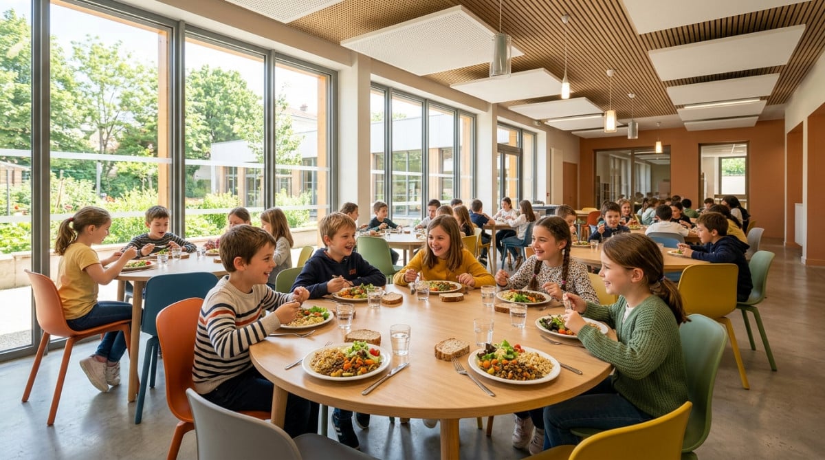 Restaurant scolaire moderne en France en 2026 avec menu végétarien