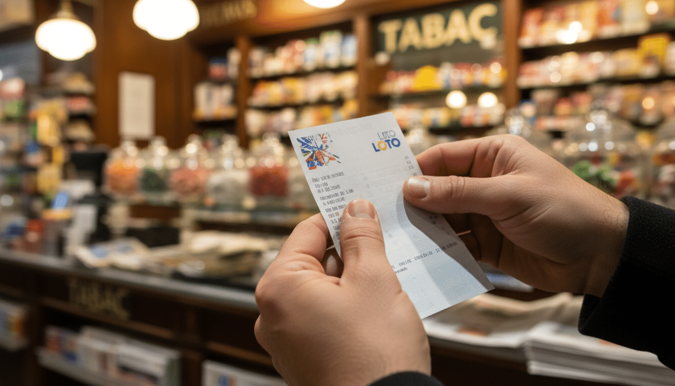 Mains tenant un ticket de Loto chez un buraliste