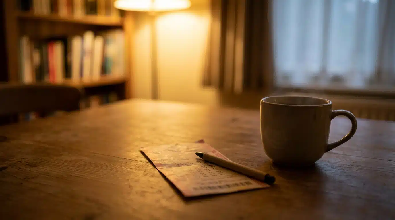 Ticket de loterie et stylo posés sur une table en bois