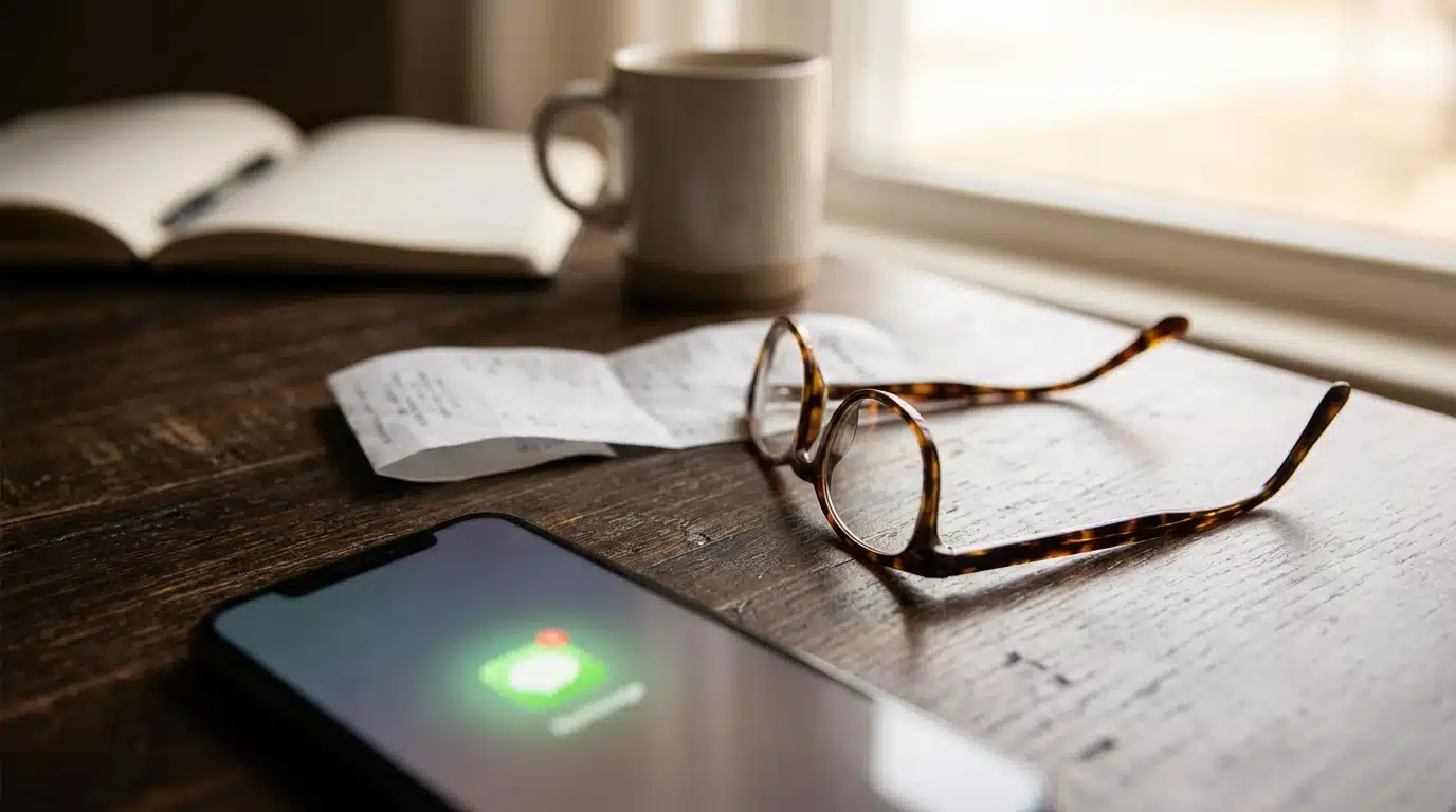 Smartphone avec notification à côté de lunettes et reçu papier